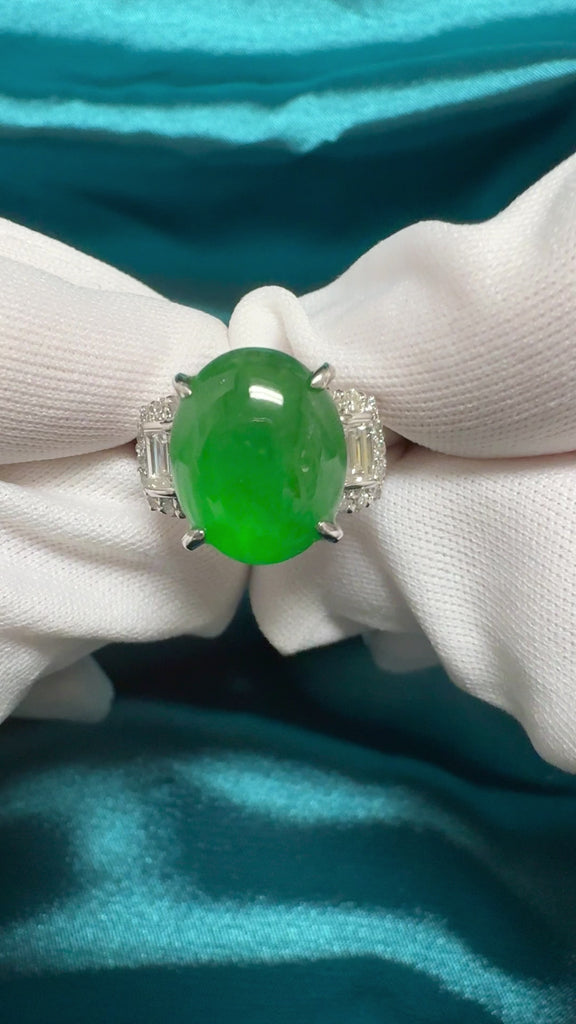 Certified 5.80 Carat Natural Jadeite Jade and Baguette Diamond Platinum Ring