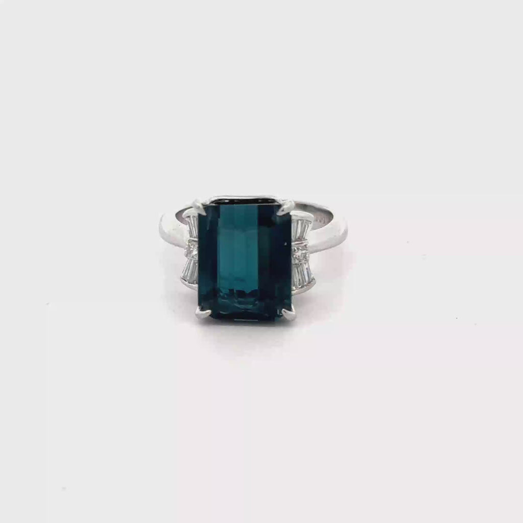 GIA Certified 4.58 Carat Emerald Cut Indicolite Tourmaline Diamond Platinum Ring