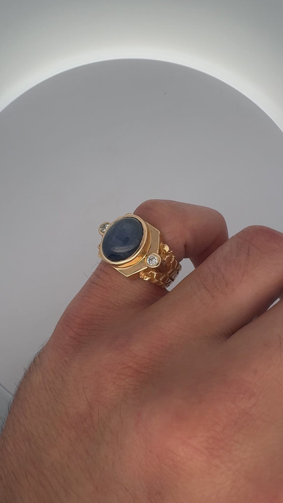 7 Carat Blue Star Sapphire Cabochon & Diamond 14K Gold Nugget Mens Ring