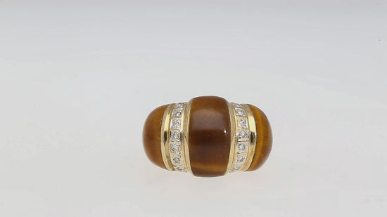 Vintage 14K Yellow Gold Tigers Eye & Diamond Dome Ring