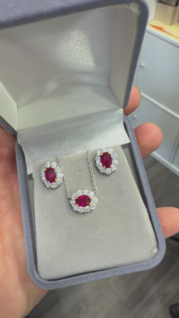 GIA Certified Burma Ruby Diamond Halo 18K Two Tone Gold Necklace & Earring Set
