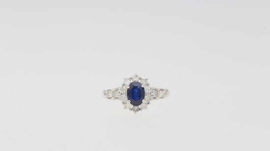 1.16 Carat Oval Blue Sapphire and Diamond Textured Halo Platinum Ring