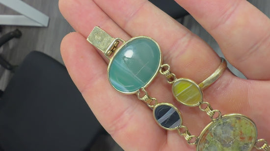 Carved Scarab Beetle 14K Gold Multicolor Hardstone Egyptian Revival Bracelet