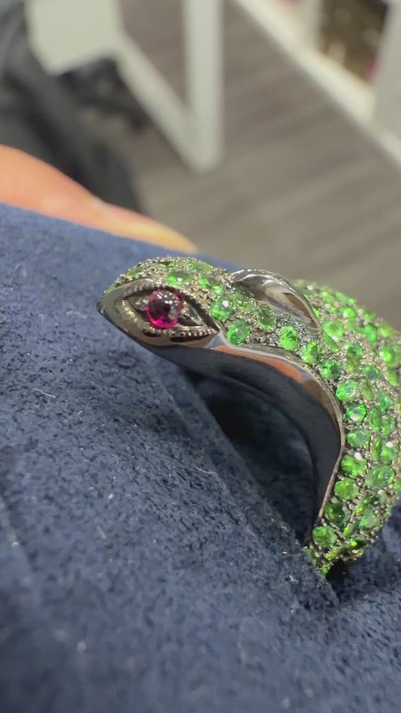 1.73 Carat Tsavorite Garnet & Ruby Eye Pavé Snake 18K Black Gold Cocktail Ring