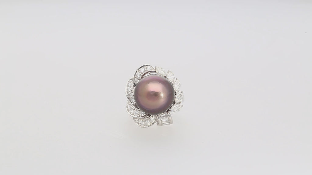 Black South Sea Pearl & Diamond 18K White Gold Floral Cluster Ring