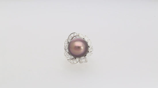 Black South Sea Pearl & Diamond 18K White Gold Floral Cluster Ring