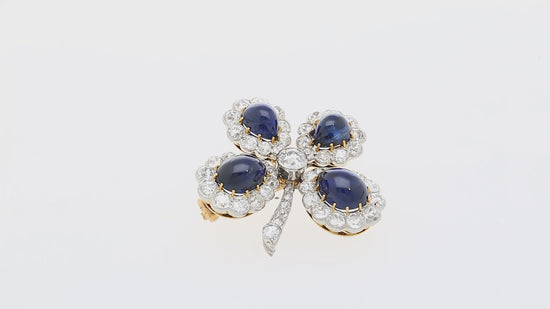 Antique GIA Certified 6 Carat Cabochon-Cut Sapphire and Diamond Floral Brooch