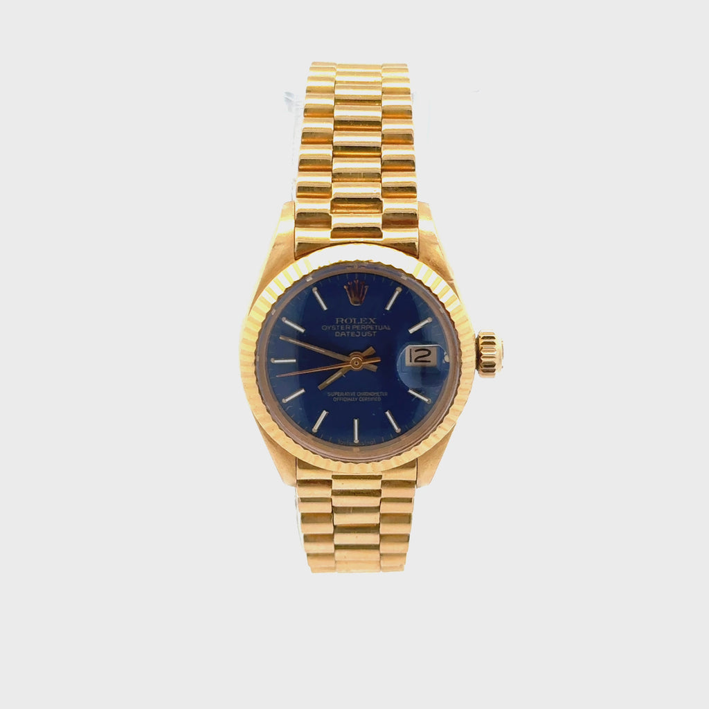 Rolex Lady DateJust 6917 Blue Dial 18K Gold President Bracelet Watch