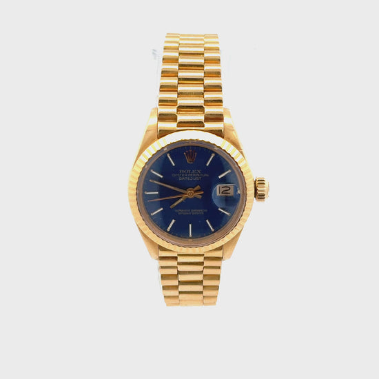 Rolex Lady DateJust 6917 Blue Dial 18K Gold President Bracelet Watch