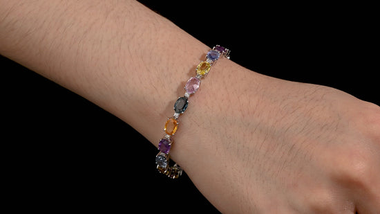 15.63 Carat Multi Color Sapphire & Diamond Bracelet in 18K White Gold Station
