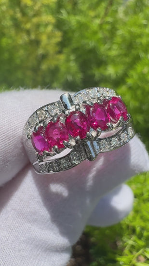 1.43 Carat Pinkish Red Ruby and Diamond Cluster Platinum Dome Ring